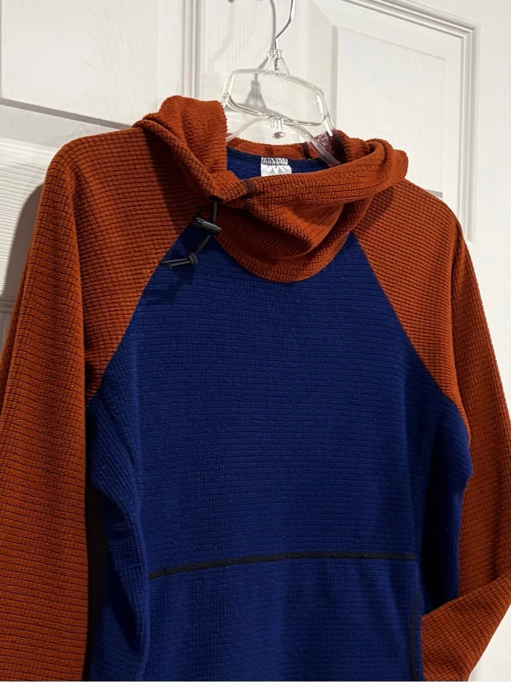 Melanzana Women’s Large Micro Grid Hoodie Burnt Orange Blue Jacket GUC Microgrid